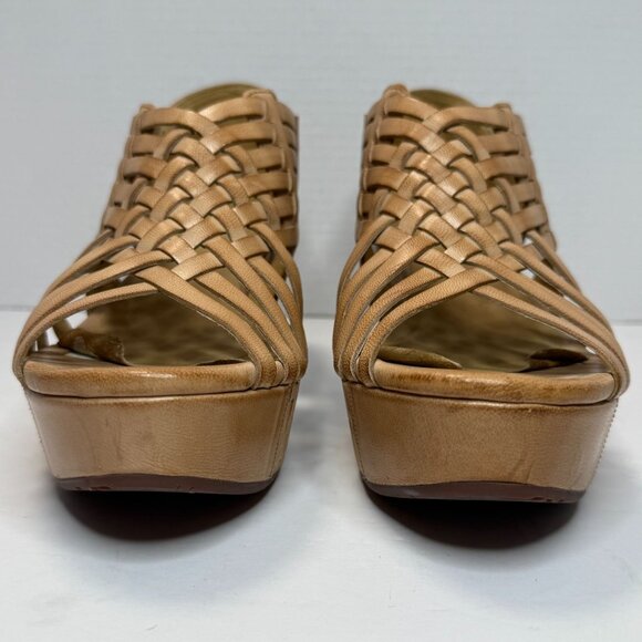Chocolat Blu Woven Peep-Toe Wedge Sandals Women's Size 8.5 Tan Cork Platform Hee - Picture 6 of 9